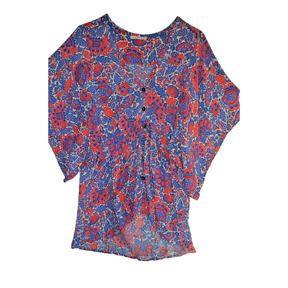 Karlie Floral Top Blouse Shirt Loose Kimono SS Large Button Front Drawstring - Picture 1 of 13